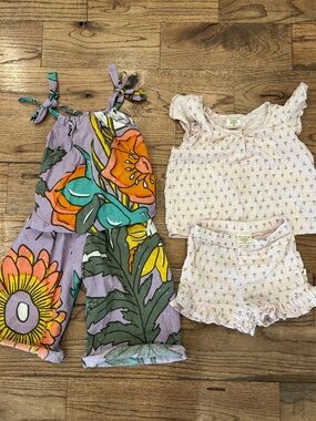 Girls' handmade Lavender Floral Jumpsuit & Pink easy peasy Top-Shorts Set 3t